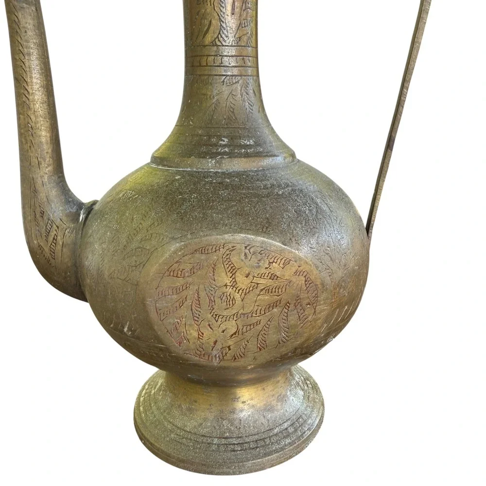 Vintage Etched Brass Aftaba Teapot Pitcher Made in India Decorative 16.26 Inch